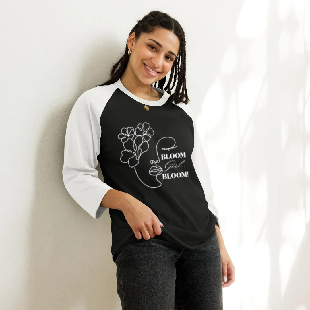 Bloom Face Three-Quarter Sleeve Raglan Shirt | Contrast Sleeve Baseball Tee | S
